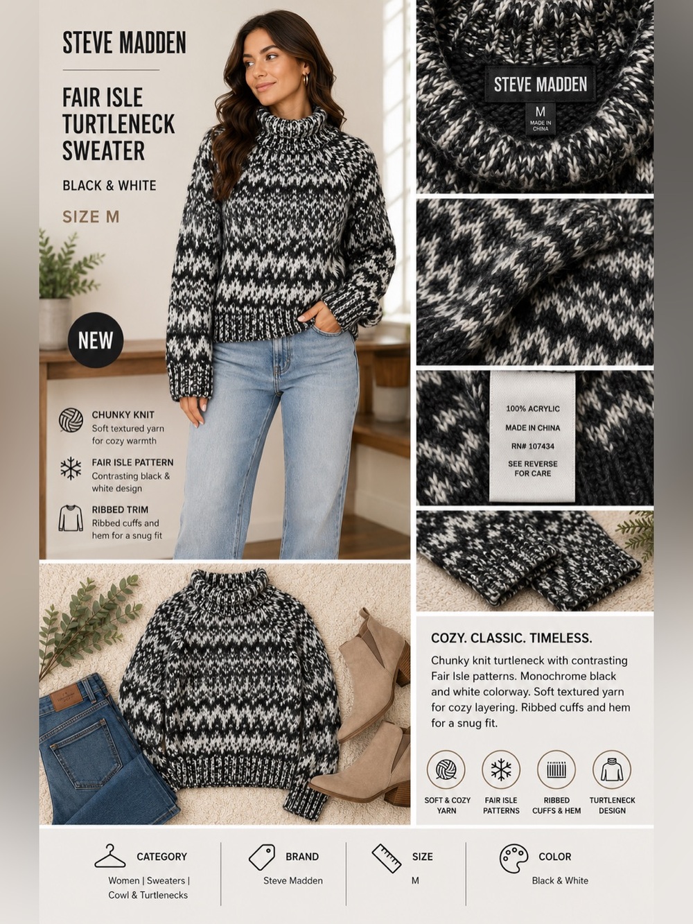 Steve‎ Madden Black & White Fair Isle Turtleneck Sweater Size M NEW